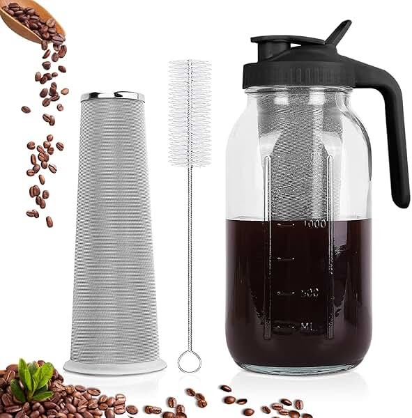 Cold Brew Coffee Maker,64 oz Mason Jar Pitcher with Stainless Steel Filter, Pour Spout Handle Lid, Heavy Duty Glass Airtight & Leak-Proof for Iced Coffee,Tea & Lemonade - Product Image