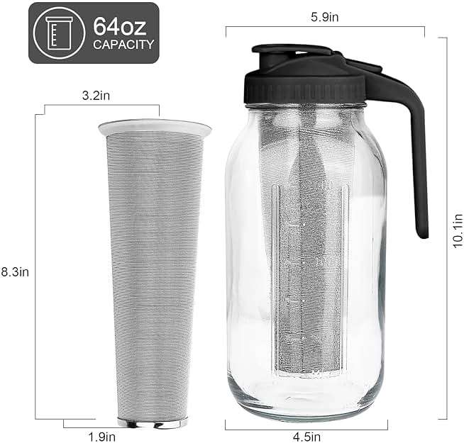 Cold Brew Coffee Maker,64 oz Mason Jar Pitcher with Stainless Steel Filter, Pour Spout Handle Lid, Heavy Duty Glass Airtight & Leak-Proof for Iced Coffee,Tea & Lemonade - Image 2
