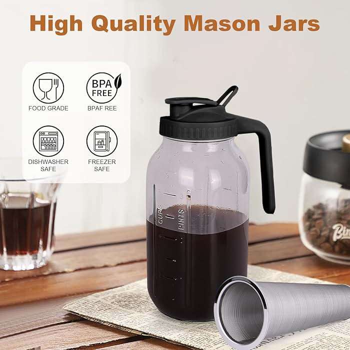 Cold Brew Coffee Maker,64 oz Mason Jar Pitcher with Stainless Steel Filter, Pour Spout Handle Lid, Heavy Duty Glass Airtight & Leak-Proof for Iced Coffee,Tea & Lemonade - Image 3