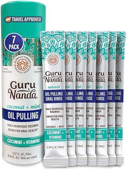 GuruNanda Travel Sachets Coconut Oil Pulling, Fresh Breath Mouthwash, 7 Essential Oils & Vitamins for Happy Teeth & Gums, 7 Sachets - Product Image
