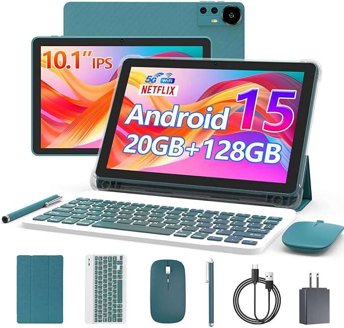 CUPEISI Android 16 Tablet 10 Inch, 20GB RAM+128GB ROM/ 2TB Expandable, 2.0GHz Octa-core Processor, 1280*800 HD Screen, 5G WiFi6 BT 5.0, 2 in 1 Tablets with Keyboard Case Mouse Stylus, Widevine L1 Blue - Image 1