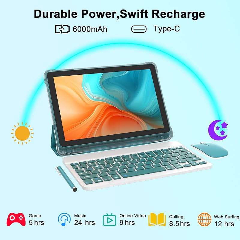 CUPEISI Android 16 Tablet 10 Inch, 20GB RAM+128GB ROM/ 2TB Expandable, 2.0GHz Octa-core Processor, 1280*800 HD Screen, 5G WiFi6 BT 5.0, 2 in 1 Tablets with Keyboard Case Mouse Stylus, Widevine L1 Blue - Image 6