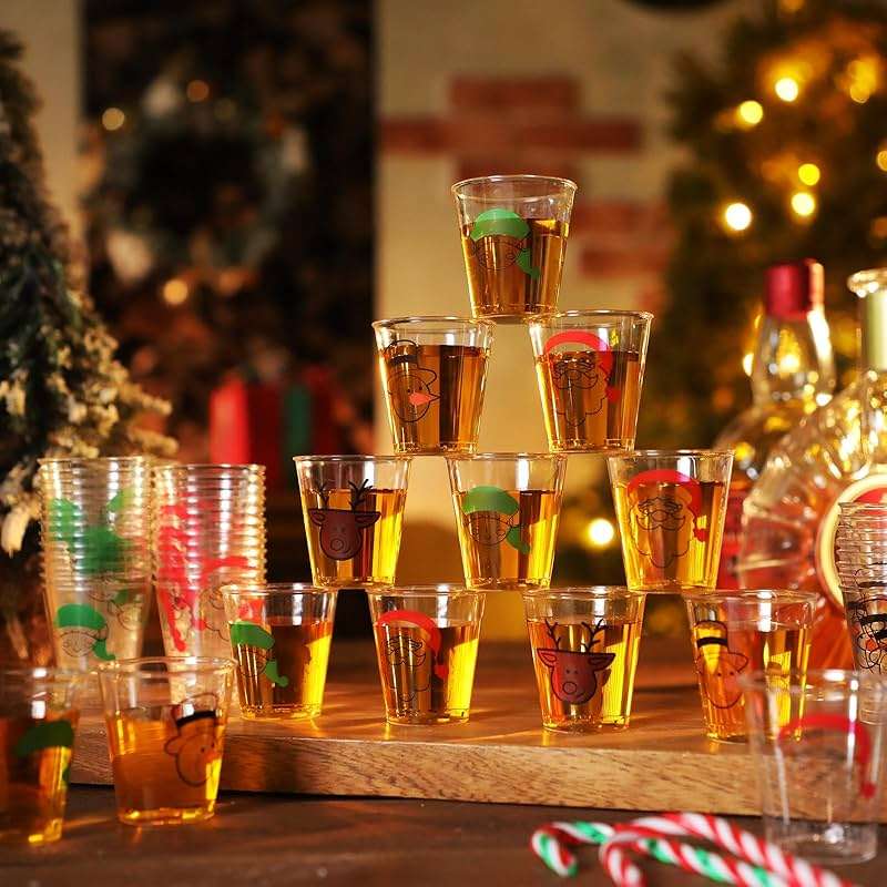 Layhit 200 Pcs Christmas Plastic Shot Cups 2 oz Clear Disposable Mini Glasses Bulk Santa Snowman Reindeer Drinking Cup for Xmas Holiday Party Supplies Beer Drinks Snacks - Image 2