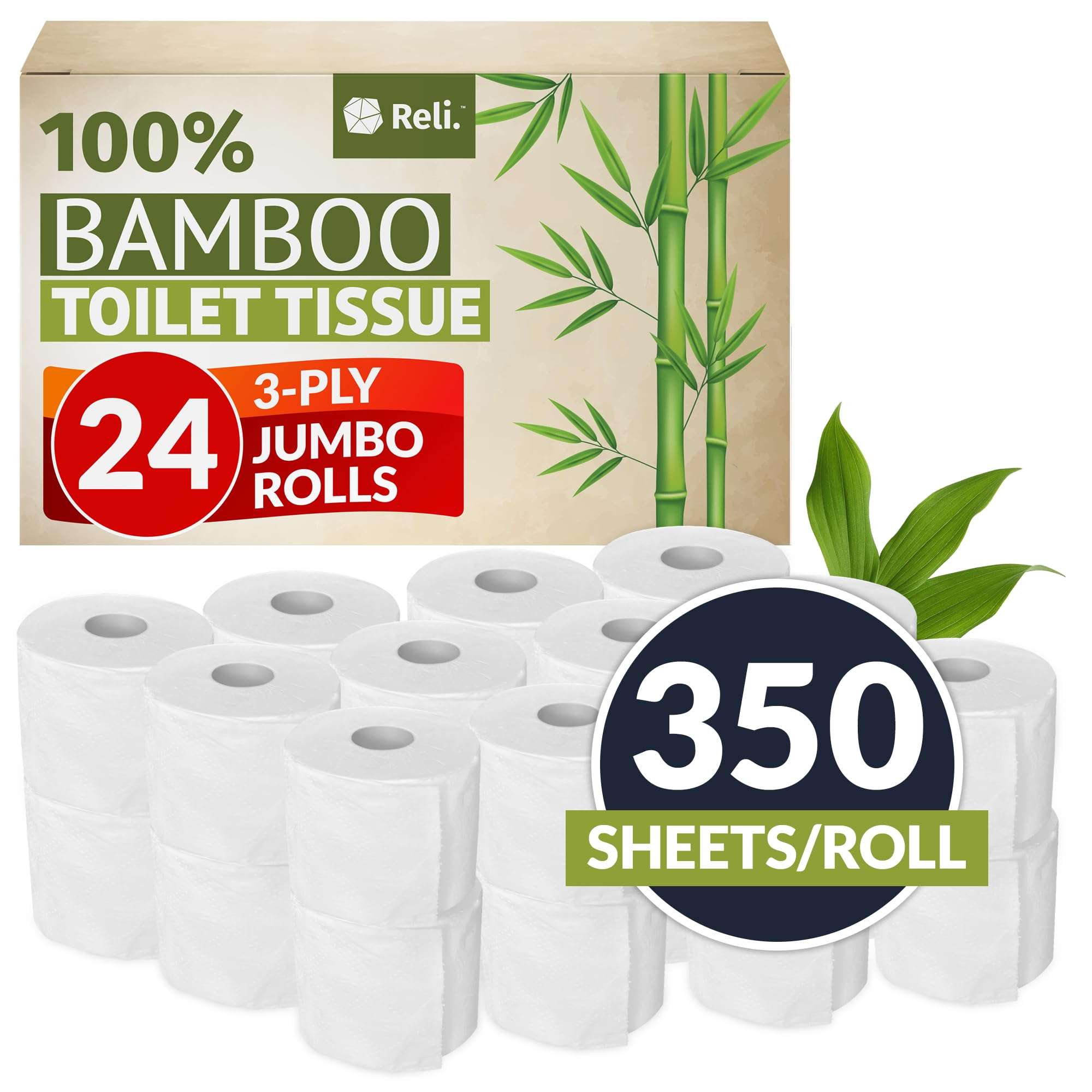Reli. Bamboo Toilet Paper (24 Jumbo Rolls) | 3 Ply Toilet Paper (350 Sheets/Roll) Bathroom Tissue | Organic Bath Tissue | Bamboo Chemical Free Toilet Tissue Rolls (8400 Sheets Total) - Image 1