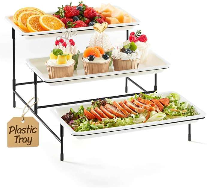 Lifewit 3 Tier Serving Tray, 12" x 6.5" White Plastic Tiered Food Serving Platters, Tiered Tray Stand for Party with Black Collapsible Metal Stand, Dessert Display Stands for Cookies, Crackers - Image 1
