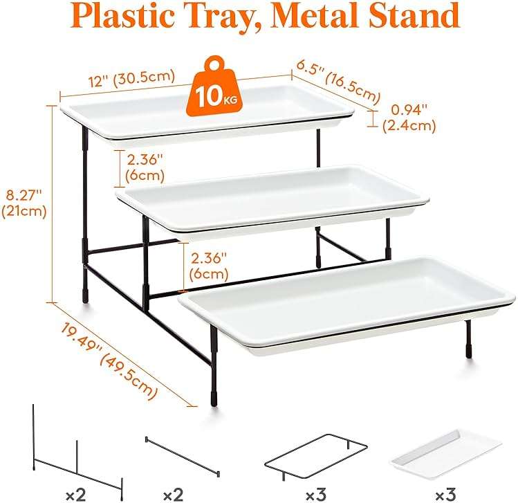 Lifewit 3 Tier Serving Tray, 12" x 6.5" White Plastic Tiered Food Serving Platters, Tiered Tray Stand for Party with Black Collapsible Metal Stand, Dessert Display Stands for Cookies, Crackers - Image 3