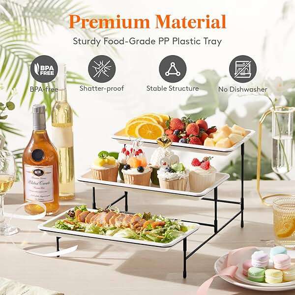 Lifewit 3 Tier Serving Tray, 12" x 6.5" White Plastic Tiered Food Serving Platters, Tiered Tray Stand for Party with Black Collapsible Metal Stand, Dessert Display Stands for Cookies, Crackers - Image 5