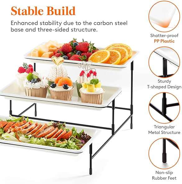 Lifewit 3 Tier Serving Tray, 12" x 6.5" White Plastic Tiered Food Serving Platters, Tiered Tray Stand for Party with Black Collapsible Metal Stand, Dessert Display Stands for Cookies, Crackers - Image 6