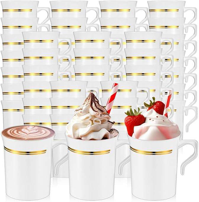 Baderke 48 Pcs Plastic Coffee Cups with Rim 8 oz Disposable Coffee Mugs with Handle Disposable Tea Cups Espresso Beverage Plastic Mugs for Wedding (White,Gold) - Image 1