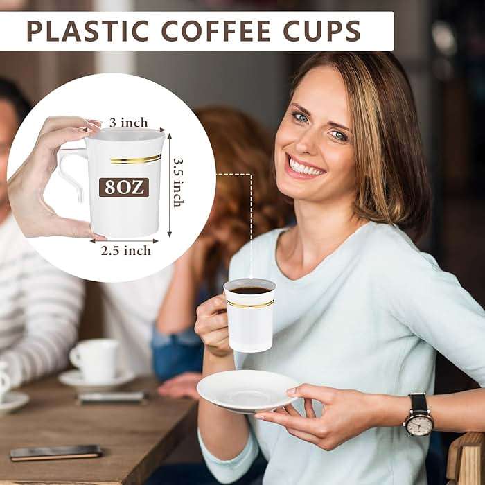 Baderke 48 Pcs Plastic Coffee Cups with Rim 8 oz Disposable Coffee Mugs with Handle Disposable Tea Cups Espresso Beverage Plastic Mugs for Wedding (White,Gold) - Image 2