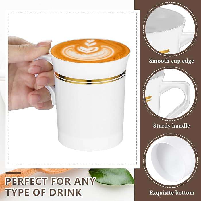 Baderke 48 Pcs Plastic Coffee Cups with Rim 8 oz Disposable Coffee Mugs with Handle Disposable Tea Cups Espresso Beverage Plastic Mugs for Wedding (White,Gold) - Image 3