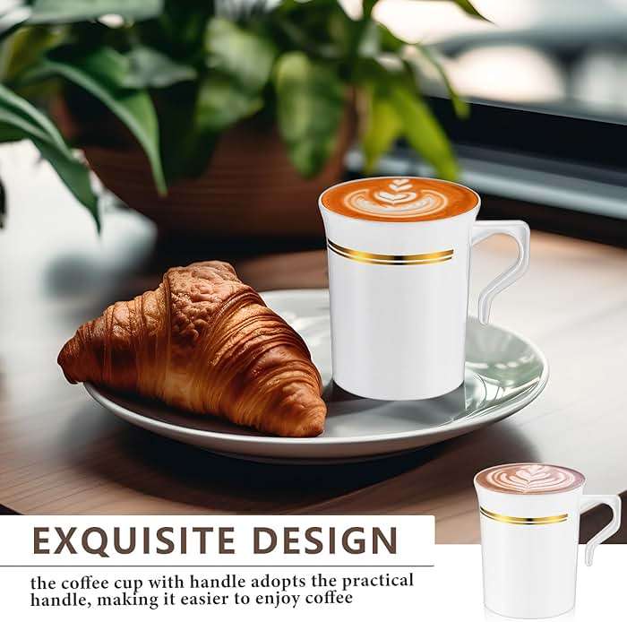 Baderke 48 Pcs Plastic Coffee Cups with Rim 8 oz Disposable Coffee Mugs with Handle Disposable Tea Cups Espresso Beverage Plastic Mugs for Wedding (White,Gold) - Image 4