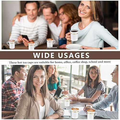 Baderke 48 Pcs Plastic Coffee Cups with Rim 8 oz Disposable Coffee Mugs with Handle Disposable Tea Cups Espresso Beverage Plastic Mugs for Wedding (White,Gold) - Image 5