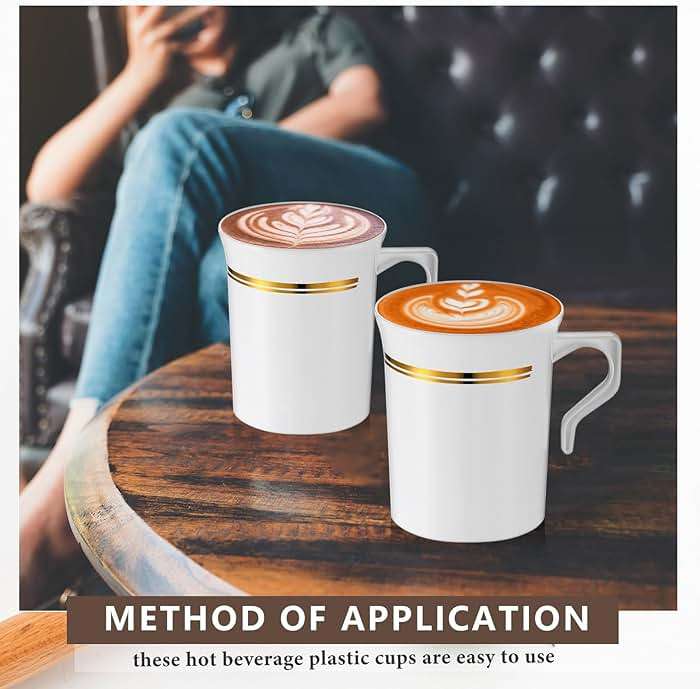 Baderke 48 Pcs Plastic Coffee Cups with Rim 8 oz Disposable Coffee Mugs with Handle Disposable Tea Cups Espresso Beverage Plastic Mugs for Wedding (White,Gold) - Image 6