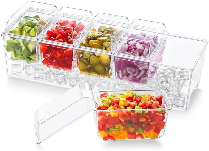 Lifewit Chilled Condiment Caddy with 5 x 20 oz Containers, Compact 15" Garnish Tray with Lids for Bartenders, Taco Bar Party Serving Set & Dirty Soda Bar Supplies, Ideal for Fruit, Salad, Toppings - Image 1