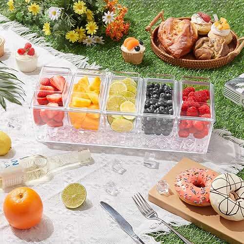 Lifewit Chilled Condiment Caddy with 5 x 20 oz Containers, Compact 15" Garnish Tray with Lids for Bartenders, Taco Bar Party Serving Set & Dirty Soda Bar Supplies, Ideal for Fruit, Salad, Toppings - Image 2