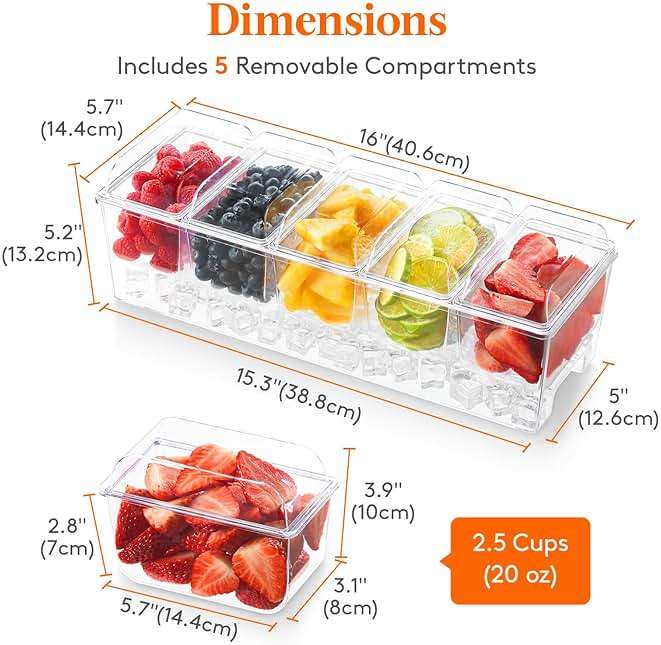 Lifewit Chilled Condiment Caddy with 5 x 20 oz Containers, Compact 15" Garnish Tray with Lids for Bartenders, Taco Bar Party Serving Set & Dirty Soda Bar Supplies, Ideal for Fruit, Salad, Toppings - Image 3
