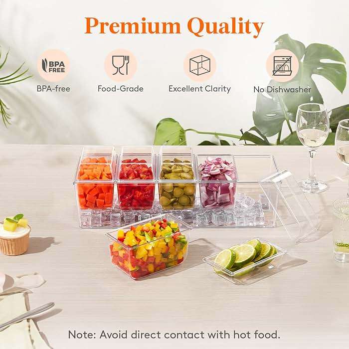 Lifewit Chilled Condiment Caddy with 5 x 20 oz Containers, Compact 15" Garnish Tray with Lids for Bartenders, Taco Bar Party Serving Set & Dirty Soda Bar Supplies, Ideal for Fruit, Salad, Toppings - Image 5