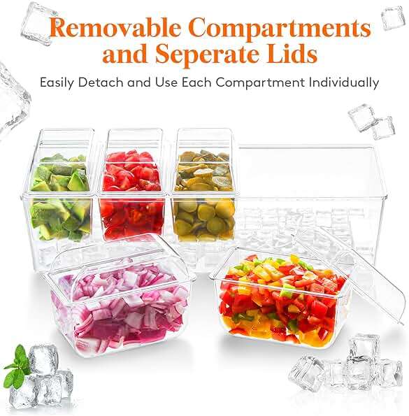 Lifewit Chilled Condiment Caddy with 5 x 20 oz Containers, Compact 15" Garnish Tray with Lids for Bartenders, Taco Bar Party Serving Set & Dirty Soda Bar Supplies, Ideal for Fruit, Salad, Toppings - Image 6