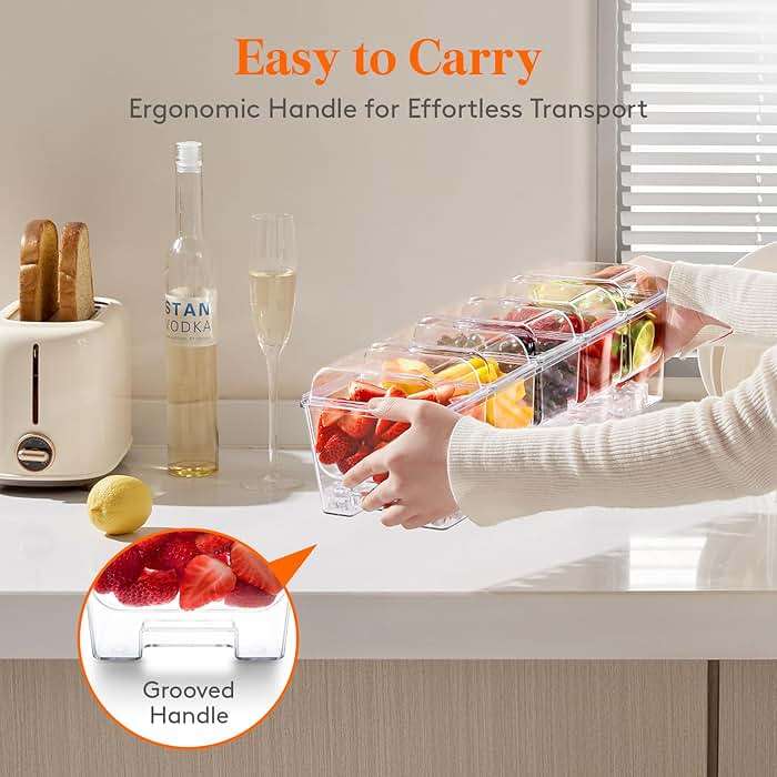 Lifewit Chilled Condiment Caddy with 5 x 20 oz Containers, Compact 15" Garnish Tray with Lids for Bartenders, Taco Bar Party Serving Set & Dirty Soda Bar Supplies, Ideal for Fruit, Salad, Toppings - Image 8
