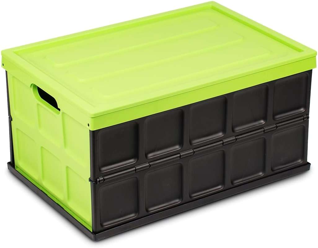 Glad Collapsible Storage Bin with Lid - 48L Foldable Plastic Box for Garage, Car Trunk, and Organization - Stackable Lidded Container with Handles, Green - Image 1