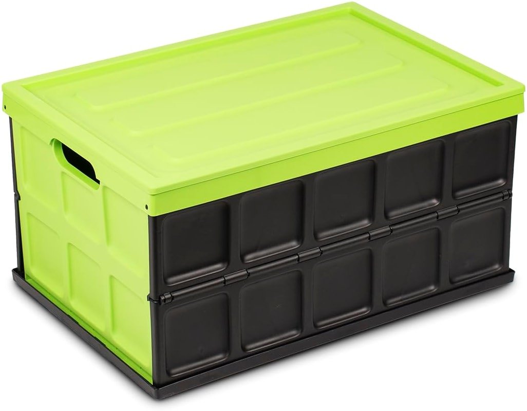 Glad Collapsible Storage Bin with Lid - 48L Foldable Plastic Box for Garage, Car Trunk, and Organization - Stackable Lidded Container with Handles, Green - Product Image