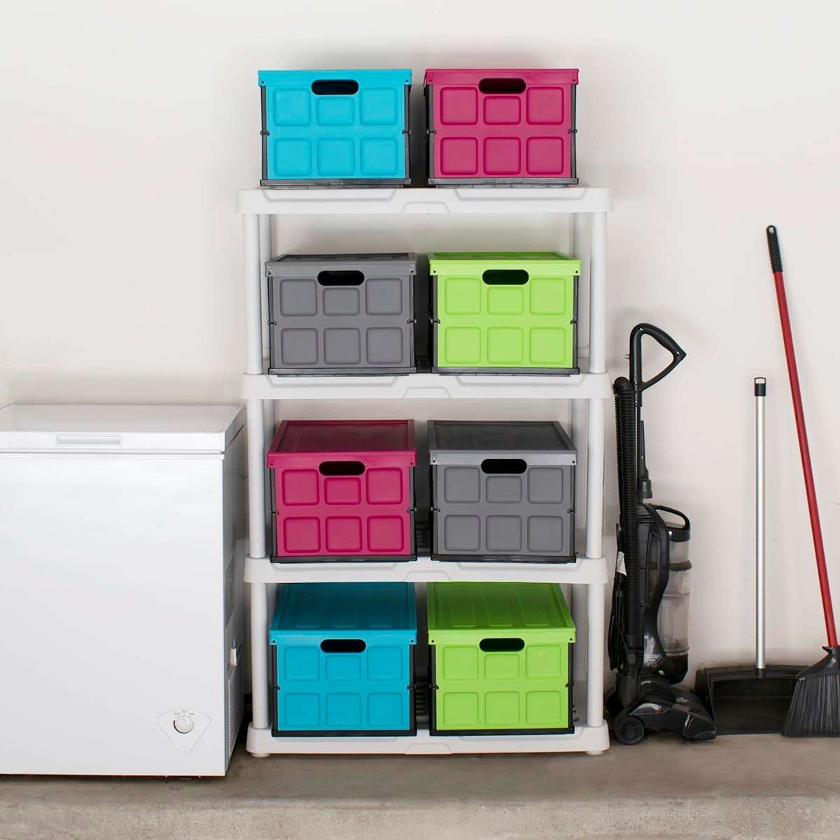 Glad Collapsible Storage Bin with Lid - 48L Foldable Plastic Box for Garage, Car Trunk, and Organization - Stackable Lidded Container with Handles, Green - Image 2