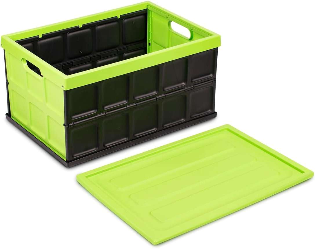 Glad Collapsible Storage Bin with Lid - 48L Foldable Plastic Box for Garage, Car Trunk, and Organization - Stackable Lidded Container with Handles, Green - Image 7
