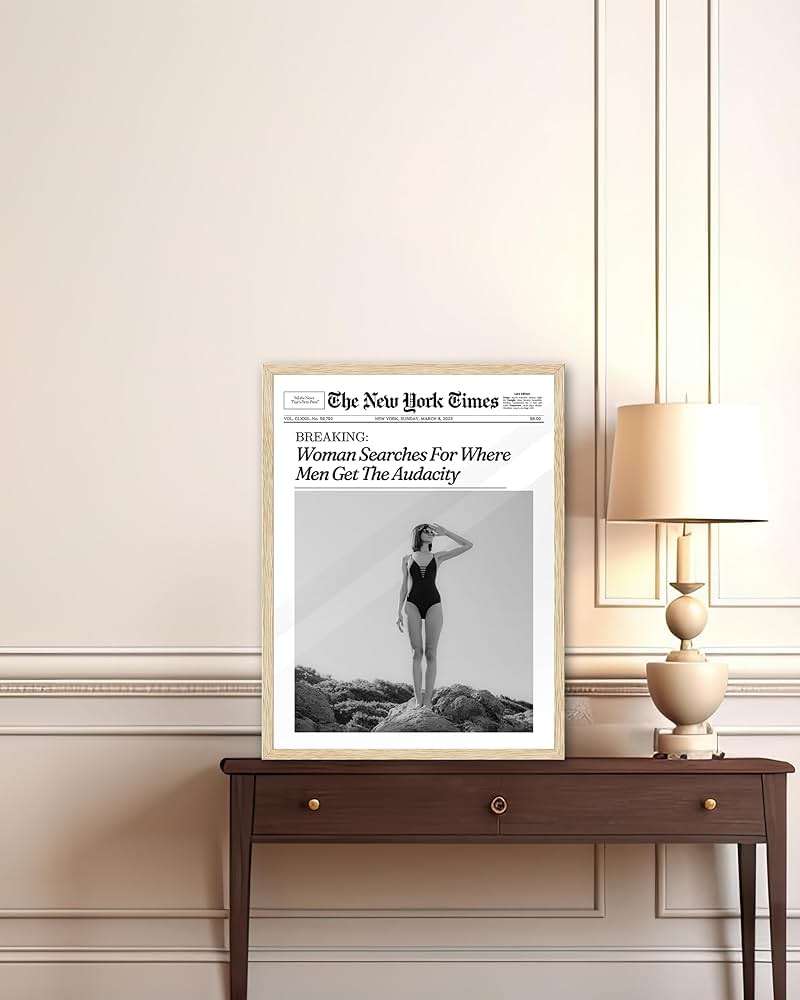 iHery Natural OAK Wood Framed Trendy NewsPaper Wall Art,12x16in Retro Magazine Canvas Wall Art, Funny Bathroom Decor,Woman Searches For Where Men Get The Audacity,Girly Bedroom Dorm Artwork 1Pack - Image 2