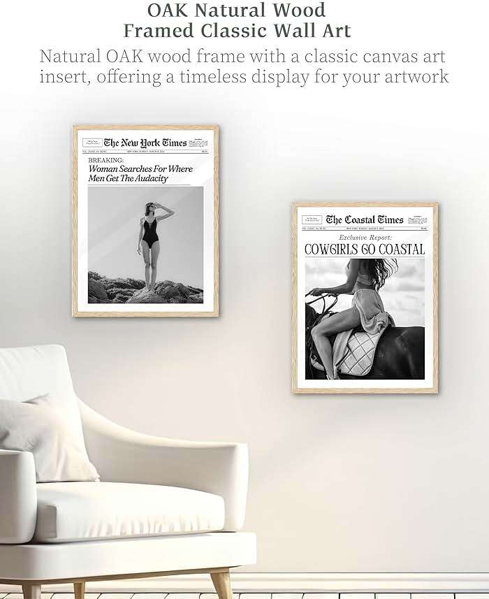 iHery Natural OAK Wood Framed Trendy NewsPaper Wall Art,12x16in Retro Magazine Canvas Wall Art, Funny Bathroom Decor,Woman Searches For Where Men Get The Audacity,Girly Bedroom Dorm Artwork 1Pack - Image 4