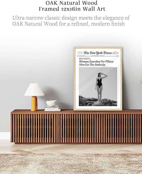 iHery Natural OAK Wood Framed Trendy NewsPaper Wall Art,12x16in Retro Magazine Canvas Wall Art, Funny Bathroom Decor,Woman Searches For Where Men Get The Audacity,Girly Bedroom Dorm Artwork 1Pack - Image 5