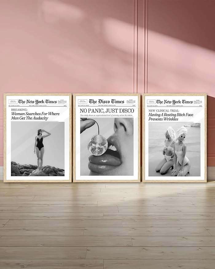 iHery Natural OAK Wood Framed Trendy NewsPaper Wall Art,12x16in Retro Magazine Canvas Wall Art, Funny Bathroom Decor,Woman Searches For Where Men Get The Audacity,Girly Bedroom Dorm Artwork 1Pack - Image 6