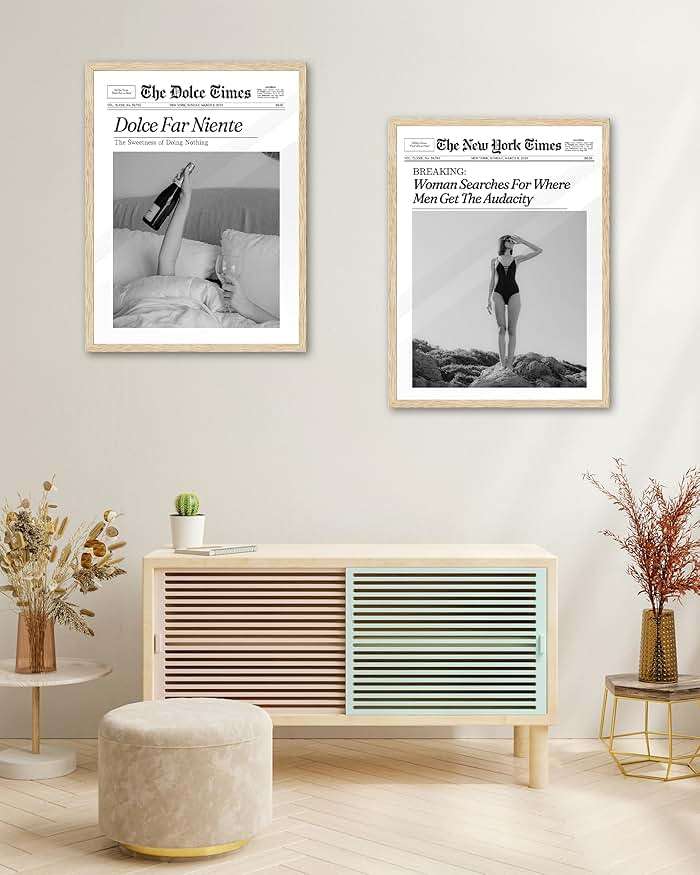 iHery Natural OAK Wood Framed Trendy NewsPaper Wall Art,12x16in Retro Magazine Canvas Wall Art, Funny Bathroom Decor,Woman Searches For Where Men Get The Audacity,Girly Bedroom Dorm Artwork 1Pack - Image 8