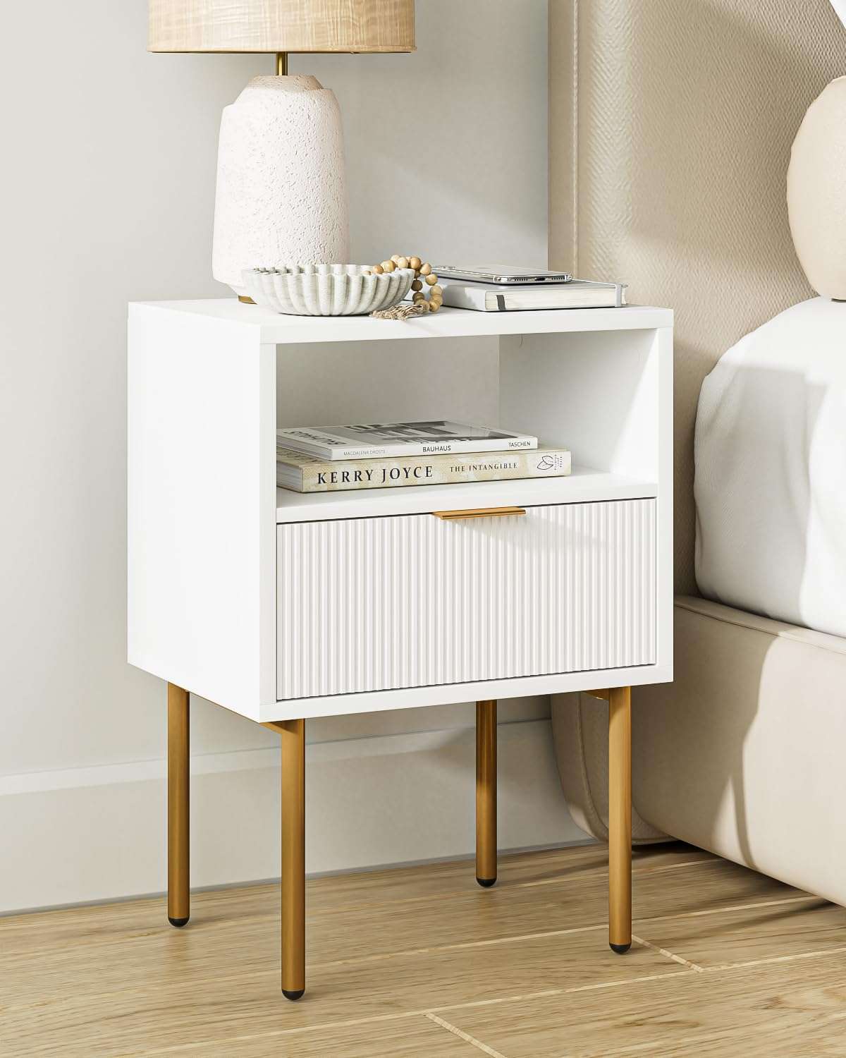 AEPOALUA Nightstand, Modern Bedside Table with 1Drawer and Open Shelf,White Night Stand with Gold Metal Frame, Small Side Table for Bedroom, Living Room, Slim Spaces - Image 1
