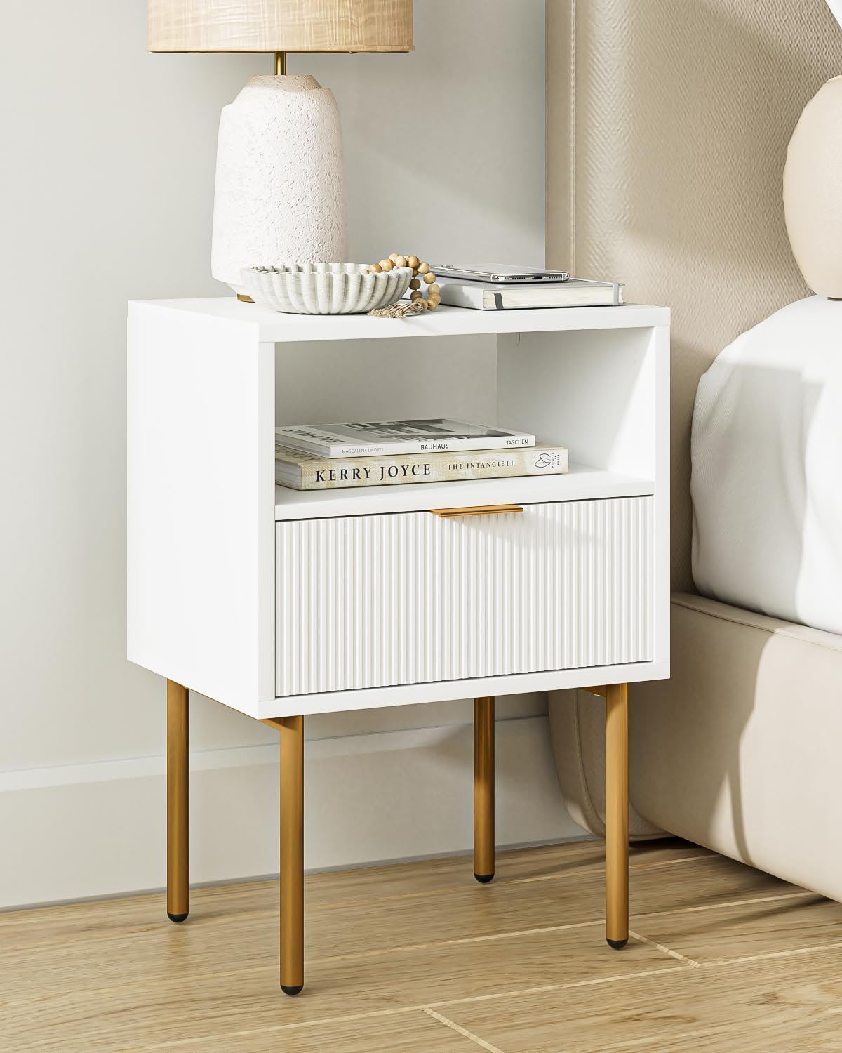 AEPOALUA Nightstand, Modern Bedside Table with 1Drawer and Open Shelf,White Night Stand with Gold Metal Frame, Small Side Table for Bedroom, Living Room, Slim Spaces - Product Image