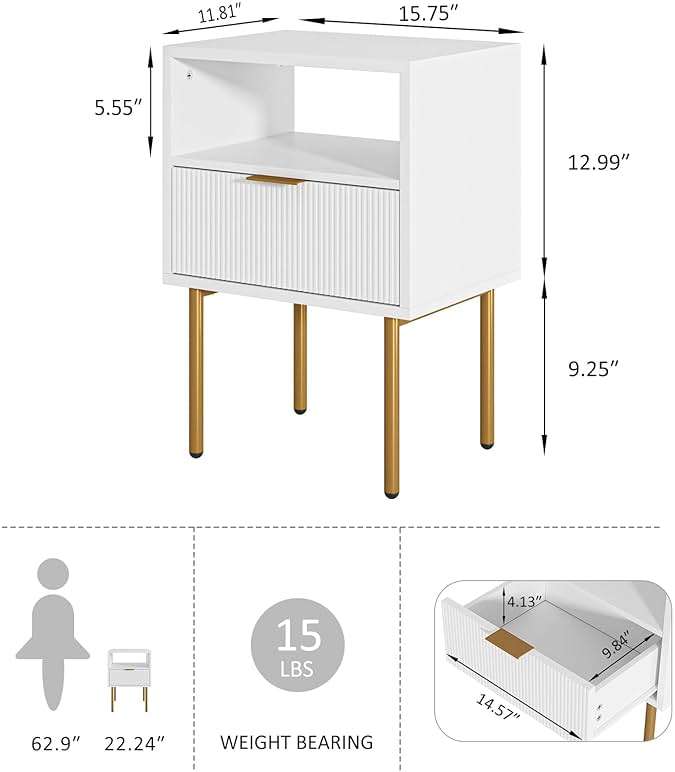 AEPOALUA Nightstand, Modern Bedside Table with 1Drawer and Open Shelf,White Night Stand with Gold Metal Frame, Small Side Table for Bedroom, Living Room, Slim Spaces - Image 2