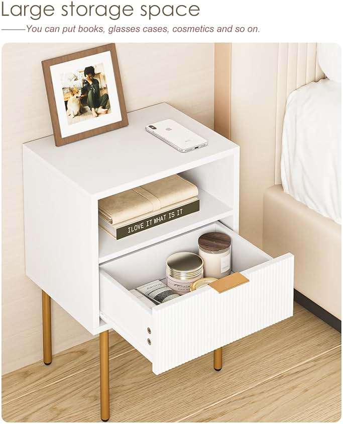 AEPOALUA Nightstand, Modern Bedside Table with 1Drawer and Open Shelf,White Night Stand with Gold Metal Frame, Small Side Table for Bedroom, Living Room, Slim Spaces - Image 4