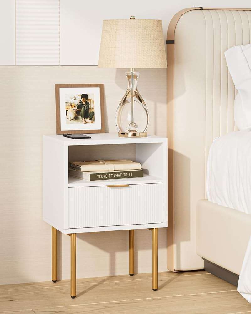 AEPOALUA Nightstand, Modern Bedside Table with 1Drawer and Open Shelf,White Night Stand with Gold Metal Frame, Small Side Table for Bedroom, Living Room, Slim Spaces - Image 6