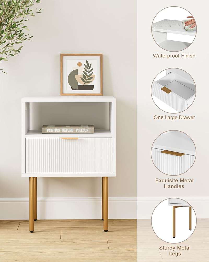 AEPOALUA Nightstand, Modern Bedside Table with 1Drawer and Open Shelf,White Night Stand with Gold Metal Frame, Small Side Table for Bedroom, Living Room, Slim Spaces - Image 7