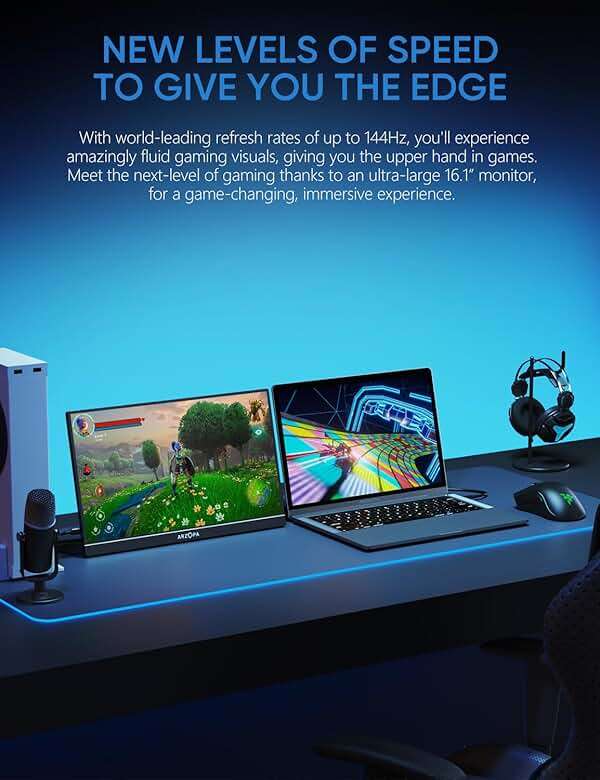 ARZOPA 16.1'' 144Hz Portable Gaming Monitor, 106% sRGB 1080P FHD Kickstand Portable Monitor with HDR, Ultra Slim, Eye Care, External Second Screen for Laptop, PC, PS5, Mac, Xbox-Z1FC - Image 2