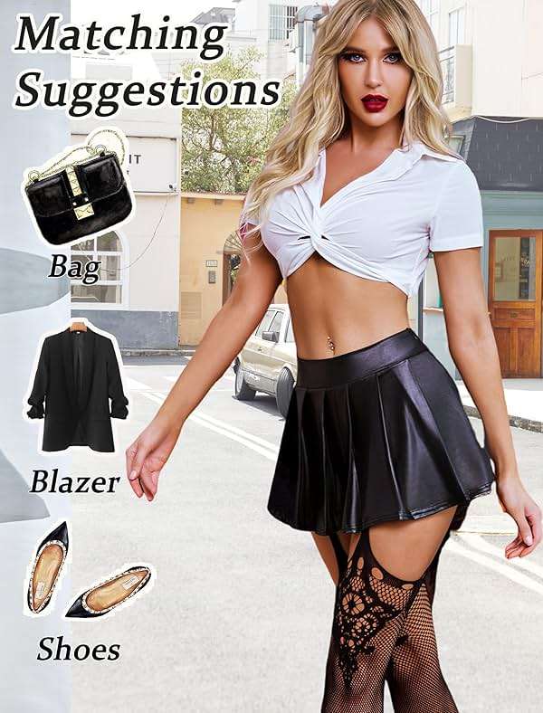Avidlove Faux Leather Mini Skirts for Women High Waisted Pleated A-Line Skirt Going Out Nightclub Outfit - Image 5