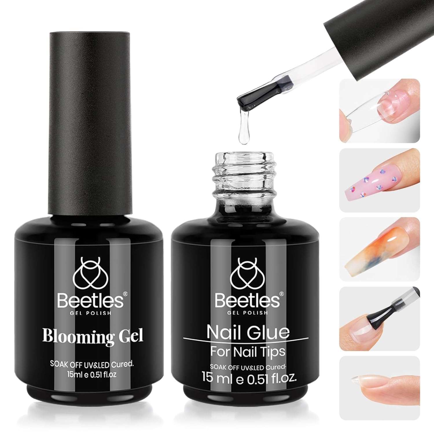 Beetles Nail Glue and Blooming Gel Set - 15ml 2Pcs Nail Art Gel for Blooming Aura Nails Marble Effects and Strong Nail Tips Bonding, Nail Supplies for Salon or DIY Manicure at Home - Image 1