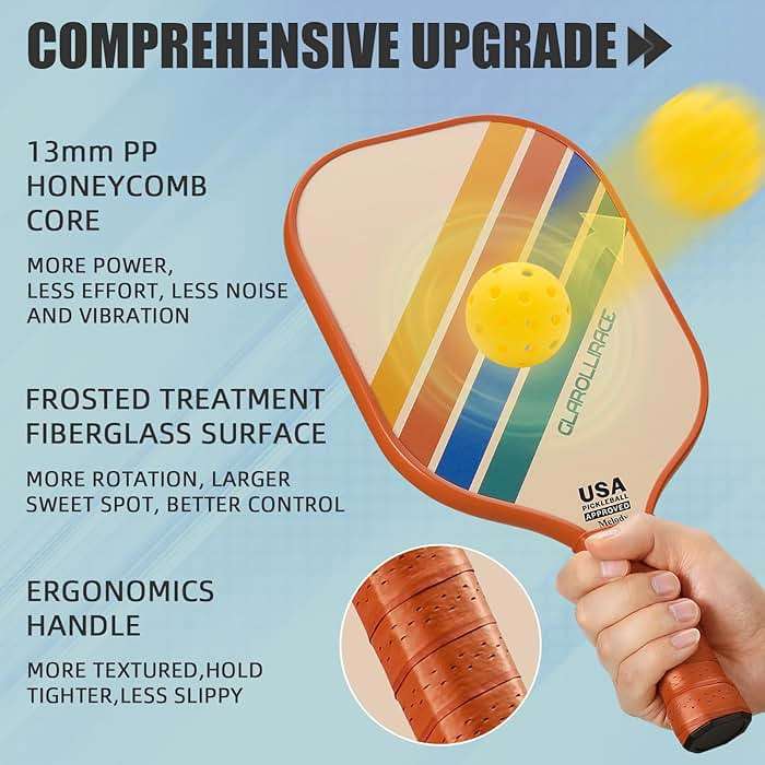 Glarollirace Pickleball Paddles Set of 2 | 4 Pickleball Rackets, USAPA Approved Pickleball Set, Fiberglass | Carbon Fiber Surface & 13 mm PP Honeycomb Core,4 Indoor & Outdoor Pickle Balls - Image 2