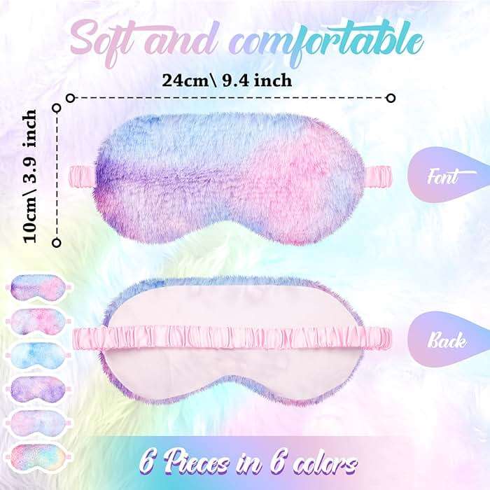 Cuffbow 6 Pcs Plush Sleep Eye Mask Silk Furry Eye Covers for Sleeping Cute Sleep Mask Fluffy Comfortable Sleeping Blindfold for Travel Sleepover Nap Party Supply Girls Women(Tie Dye,Rainbow) - Image 2