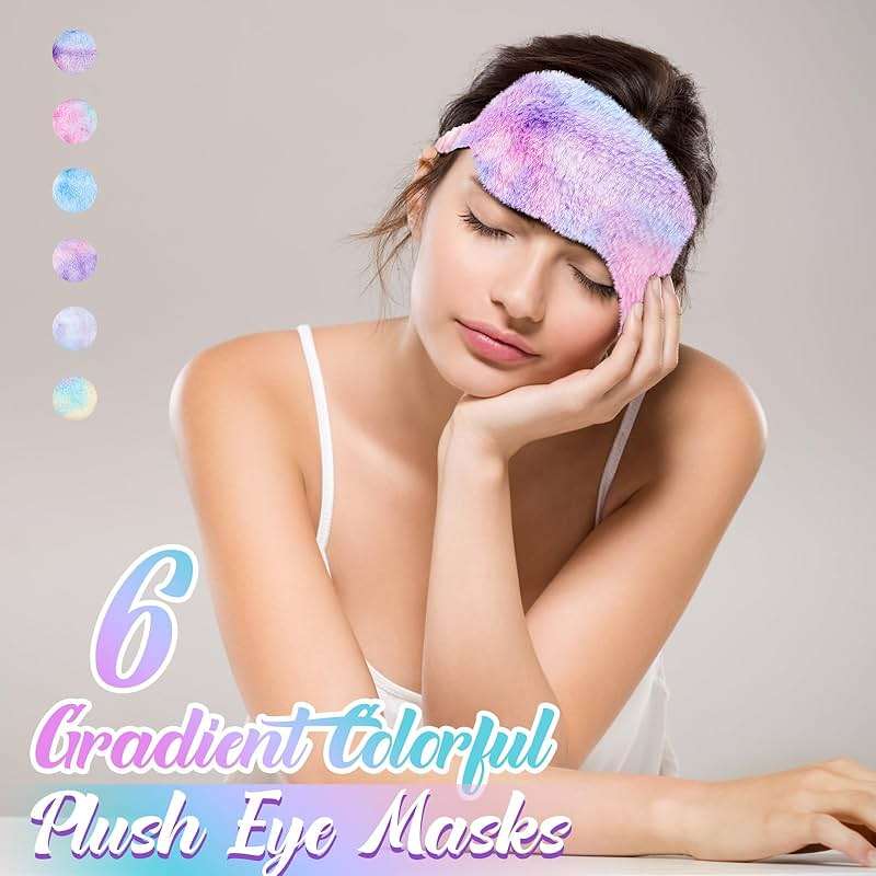 Cuffbow 6 Pcs Plush Sleep Eye Mask Silk Furry Eye Covers for Sleeping Cute Sleep Mask Fluffy Comfortable Sleeping Blindfold for Travel Sleepover Nap Party Supply Girls Women(Tie Dye,Rainbow) - Image 3