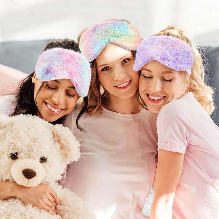 Cuffbow 6 Pcs Plush Sleep Eye Mask Silk Furry Eye Covers for Sleeping Cute Sleep Mask Fluffy Comfortable Sleeping Blindfold for Travel Sleepover Nap Party Supply Girls Women(Tie Dye,Rainbow) - Image 5