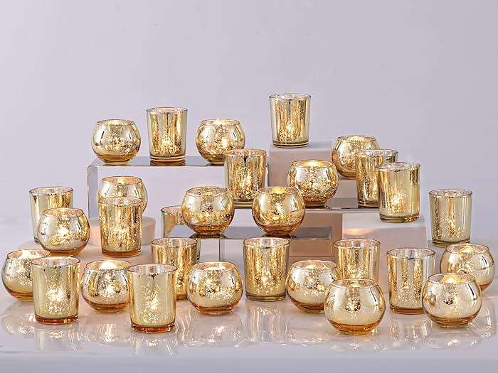 DEVI 48PCS Assorted Gold Votive Candle Holders Bluk, Gold Wedding Decorations, Mercury Glass Candle Holder for Tea Lights, Christmas Party Diwali Centerpieces for Table, Wedding Party Supplies - Image 1