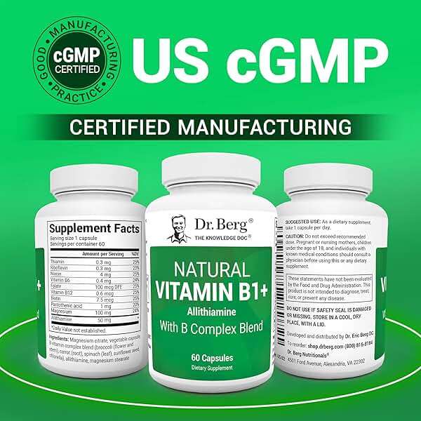 Dr. Berg Natural Vitamin B1 B6 B12 Complex - Allithiamine Vitamin B1 Supplement with 8 Essential Vitamin B Complex for Men & Women Including Thiamin, Niacin, Folate, Magnesium & More - 60 Capsules - Image 5