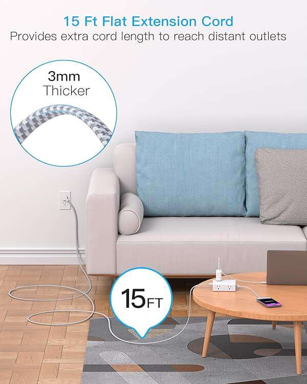 Surge Protector Power Strip 15 Ft Cord, Ultra Thin Flat Extension Cord with 8 Outlets 4 USB Ports(2 USB C), Flat Plug Power Strip, 15 Ft Long Braided Power Cord for Home, Office, Dorm Room Essentials - Image 2