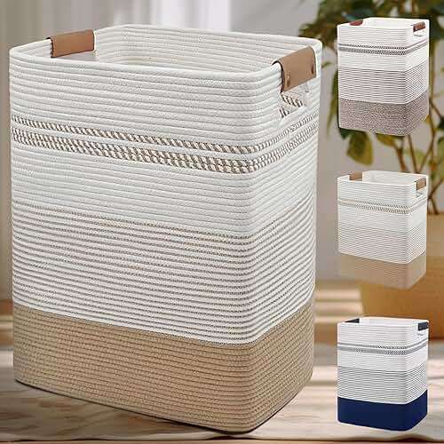 DOFASAYI Laundry Hamper - 85L Large Laundry Basket with Leather Handles, Decorative Storage Basket for Blankets - Clothes Hamper for Living Room, Bedroom, Jute & White - Image 1